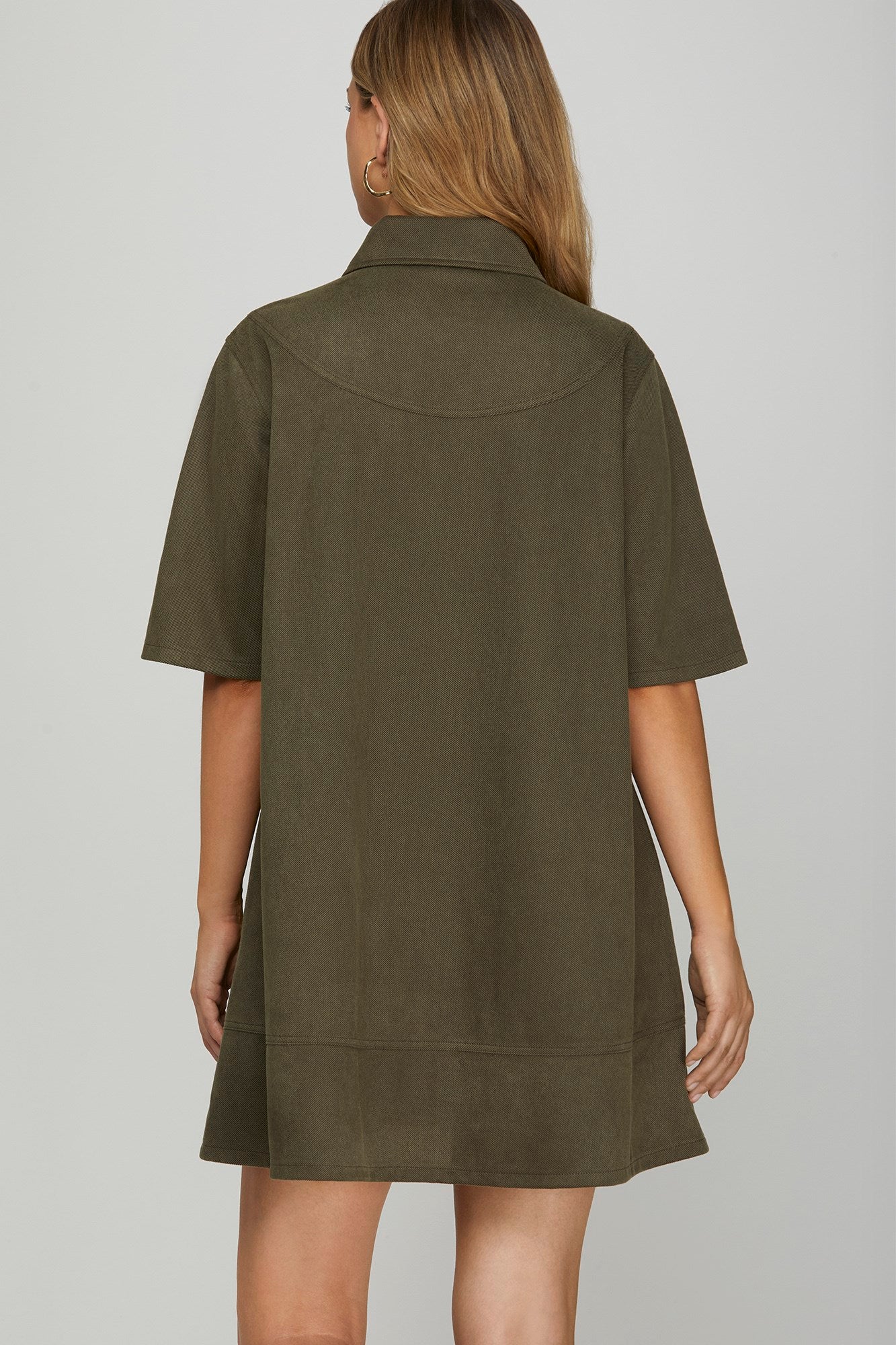 Half Sleeve Collared Suede Dress w/Pockets
