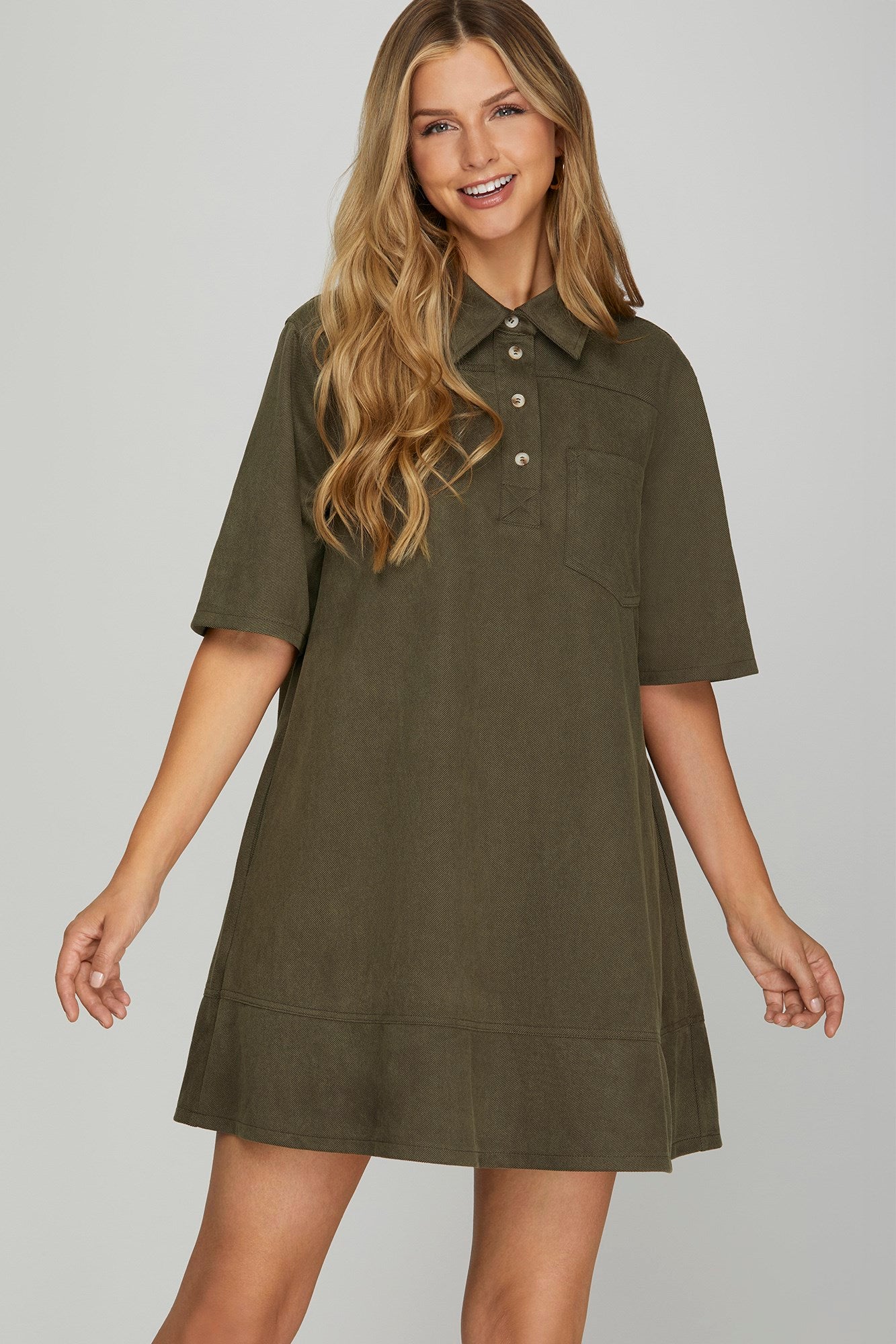 Half Sleeve Collared Suede Dress w/Pockets