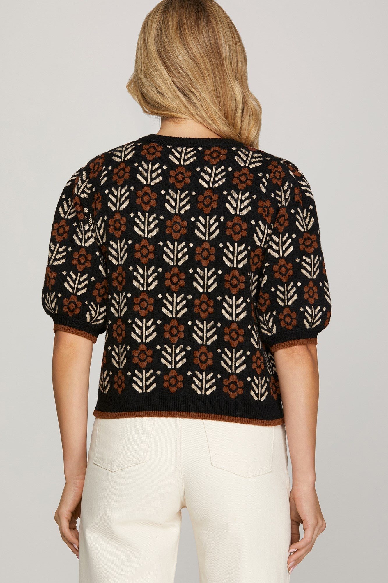 Short Puff Sleeve Floral Print Sweater