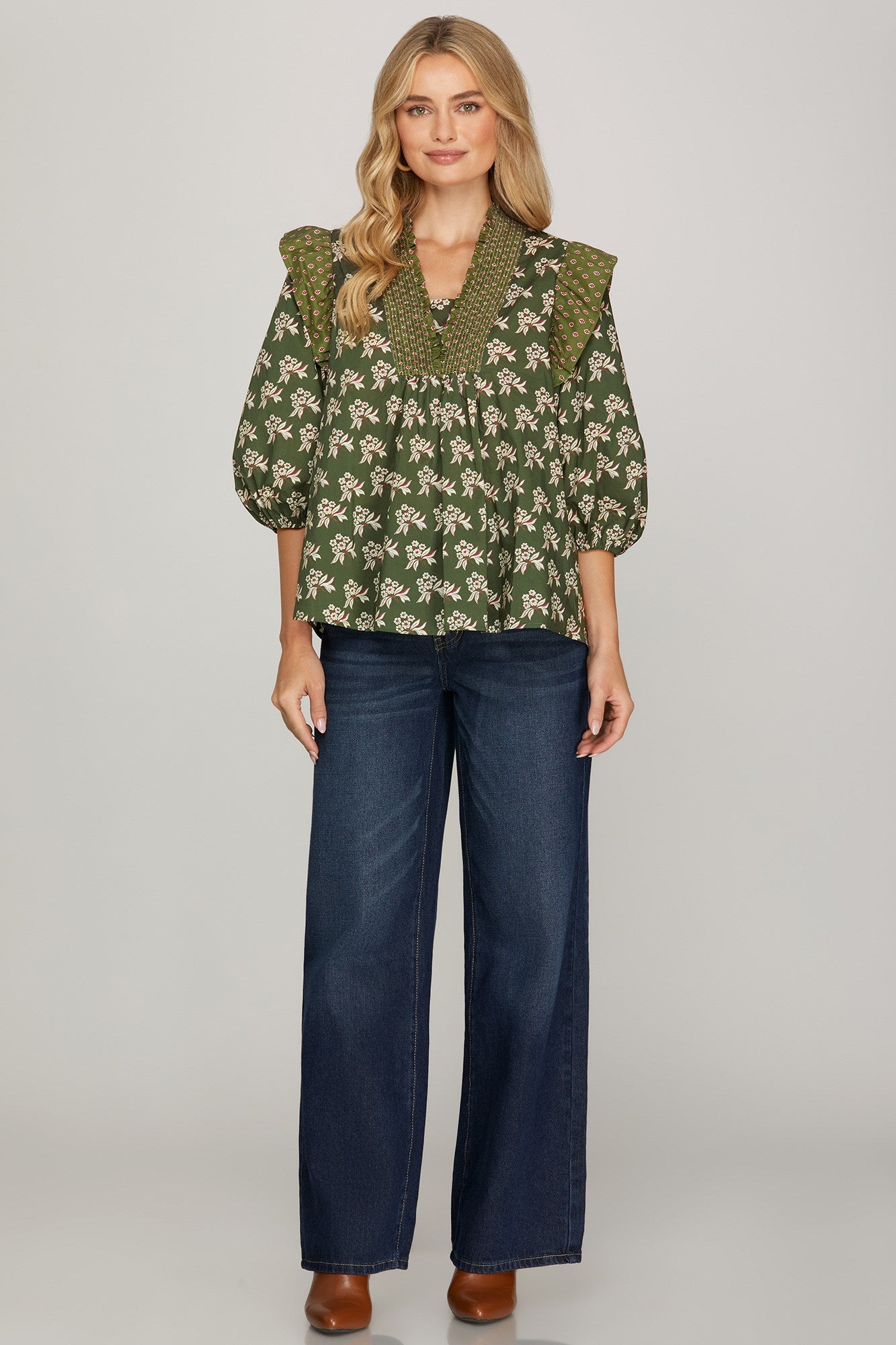 3/4 Sleeve Smocked Neck Print Top