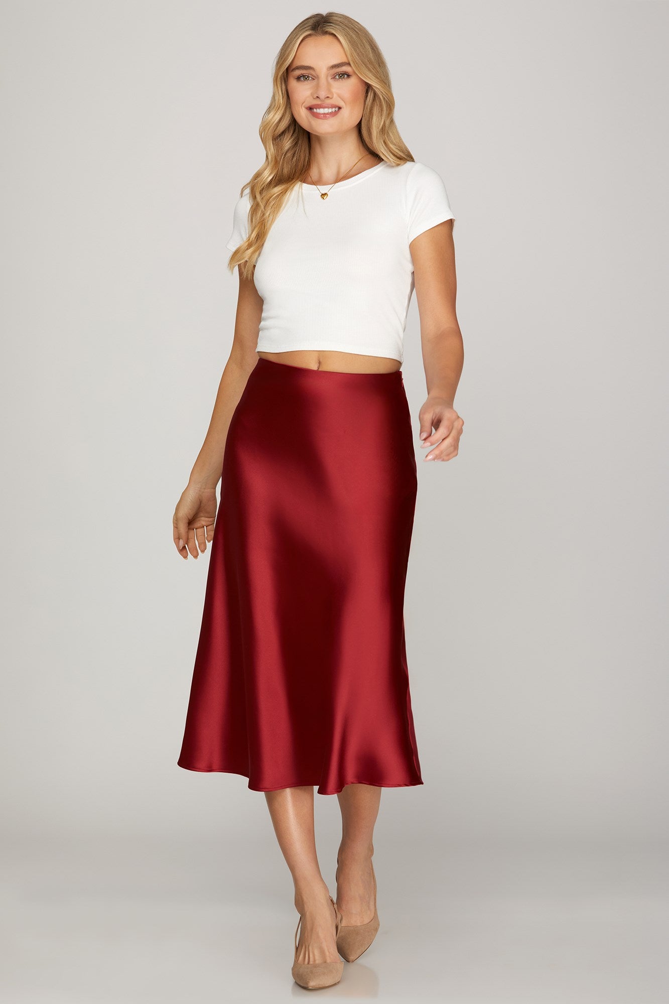 Satin Bias Midi Skirt Red
