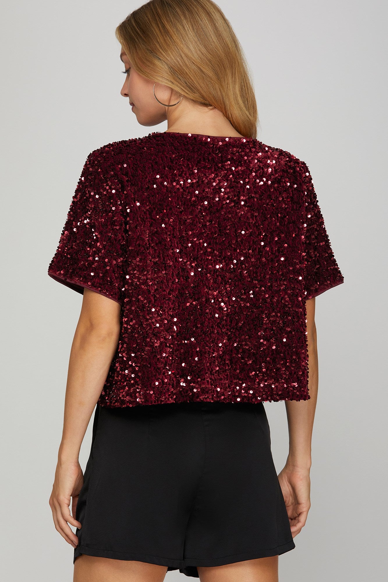 Sequin Short Sleeve Top Wine