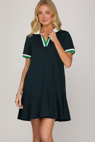 Short Sleeve Rib Collar Dress Navy