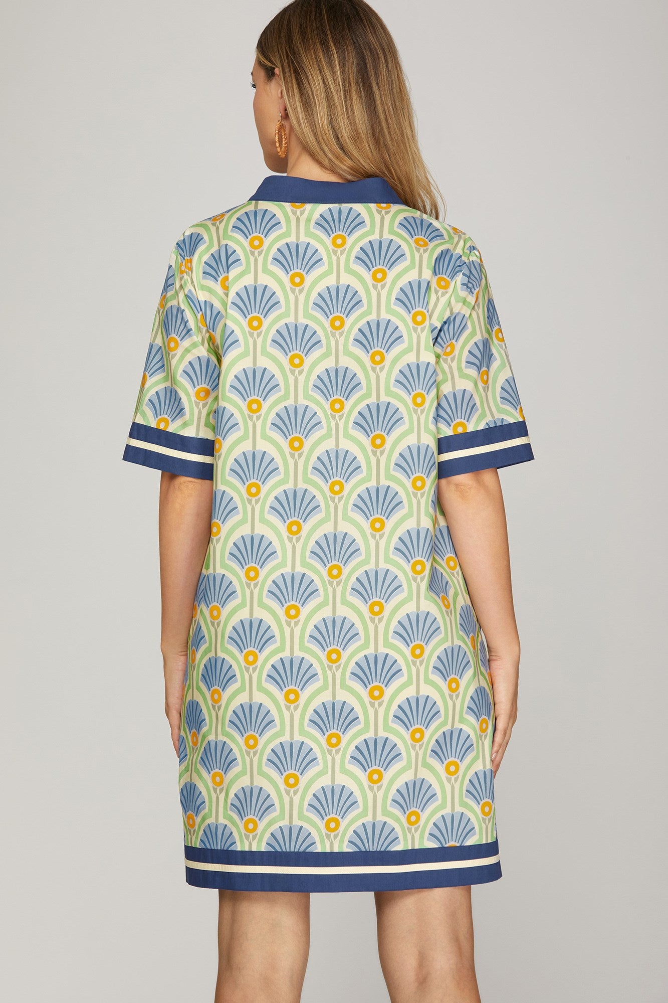 Short sleeve Printed Dress w/Solid Trim