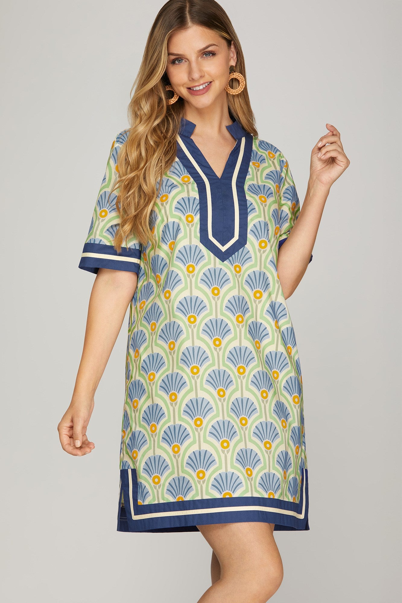 Short sleeve Printed Dress w/Solid Trim