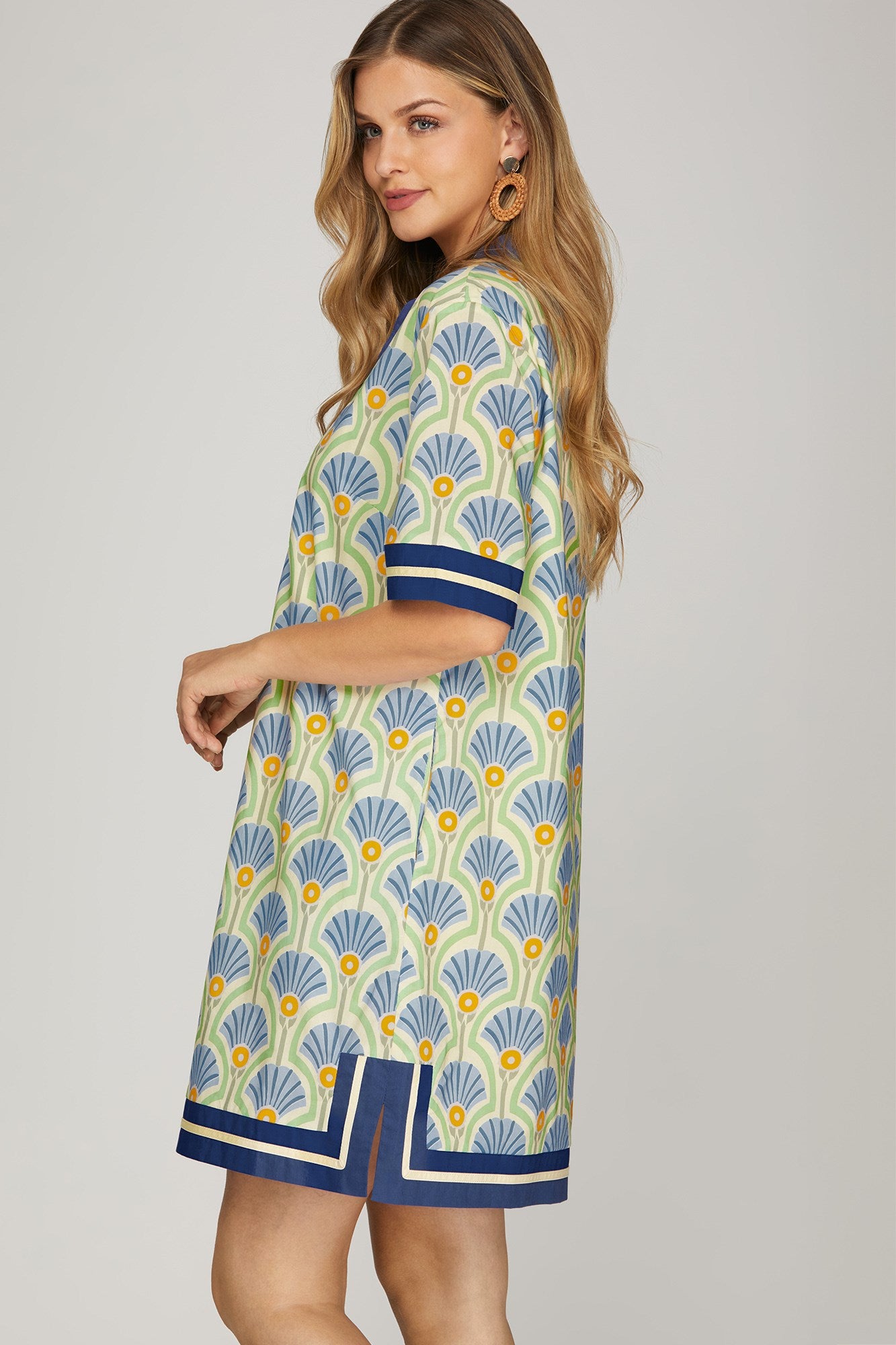 Short sleeve Printed Dress w/Solid Trim
