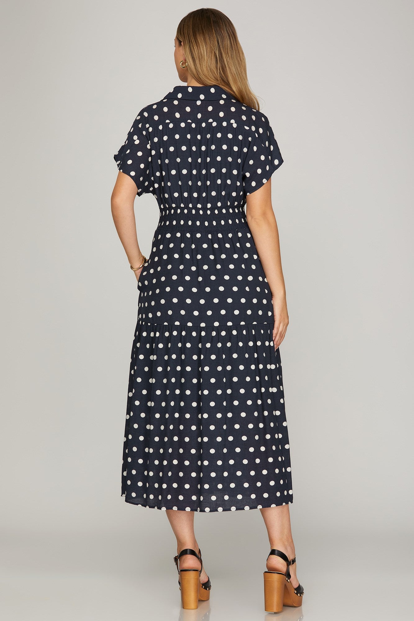 Short Sleeve Polka Dot Smocked Waist Midi Dress