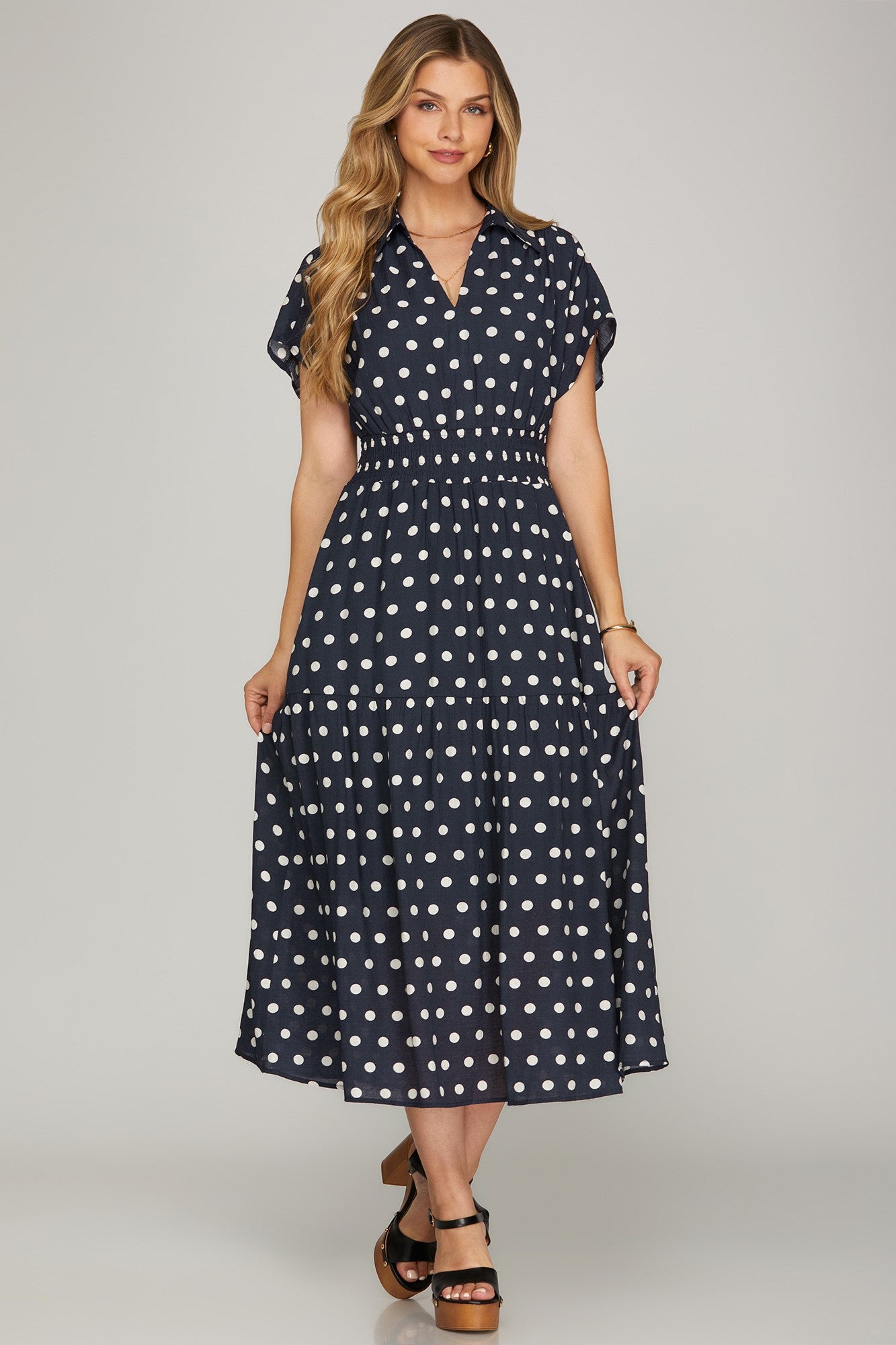 Short Sleeve Polka Dot Smocked Waist Midi Dress