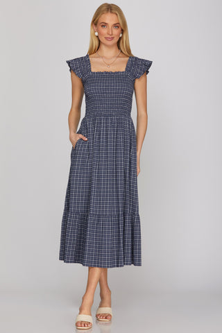 Sleeveless Ruffle Strap Check Smocked Midi Dress