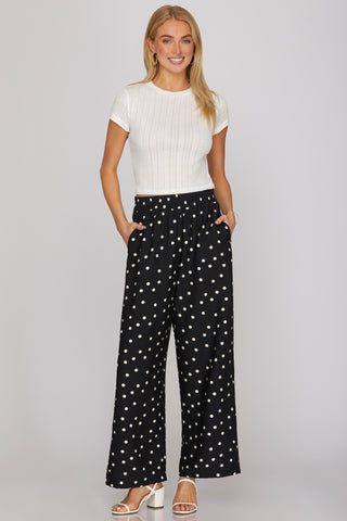Woven Polka Dot Print Pants w/Pockets Black