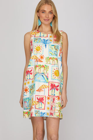 Sleeveless Woven Print A-line Dress w/Pockets