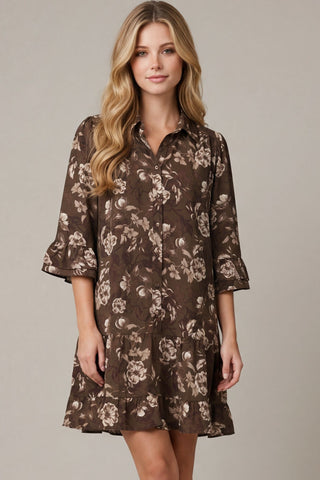 3/4 Sleeve Button Down Ruffle Hem Dress