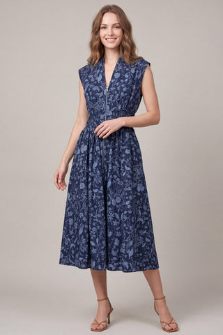 Drop Shoulder Smocked Waist Front Zip Midi Dress Navy