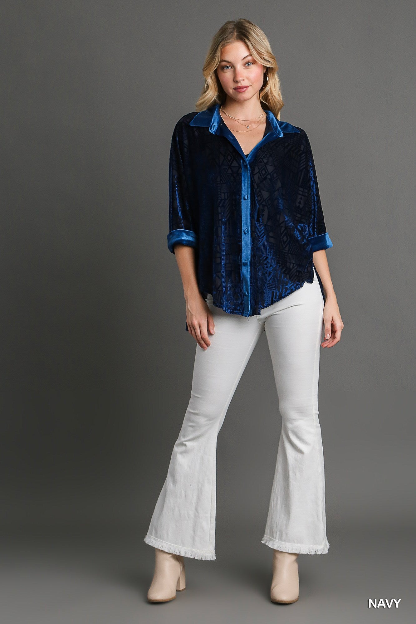 Half Sleeve Burnout Velvet High-Low Top