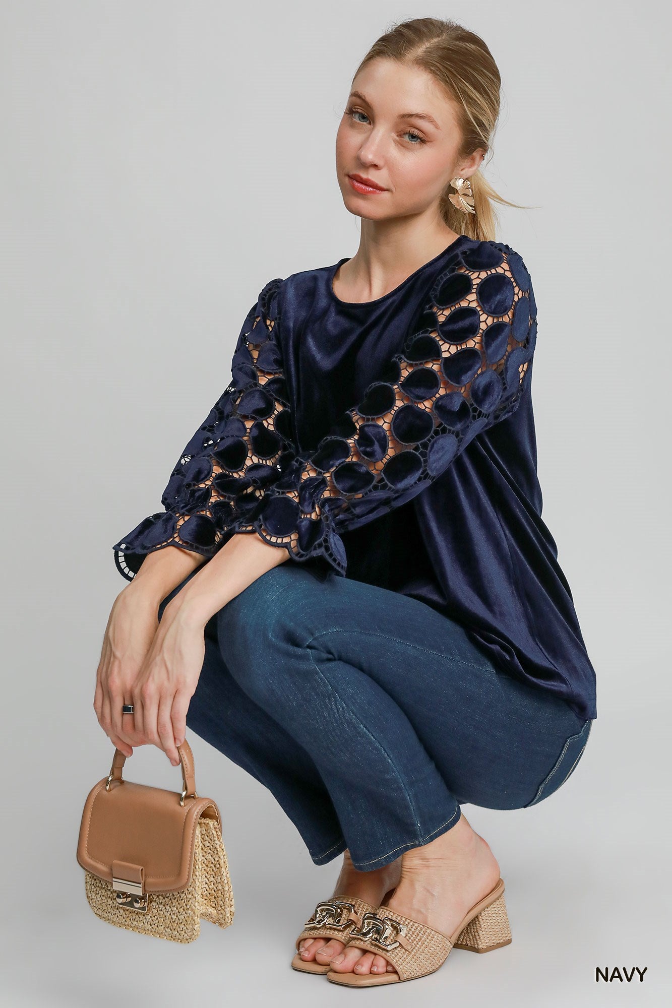 3/4 Dotted Velvet Lace Sleeve Top Navy