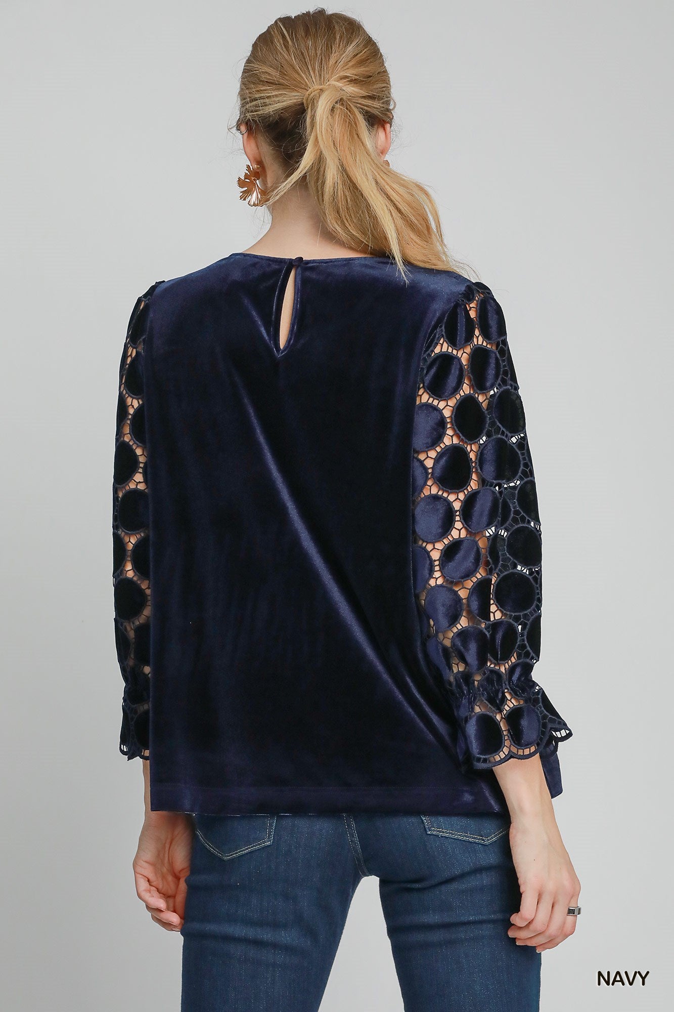 3/4 Dotted Velvet Lace Sleeve Top Navy