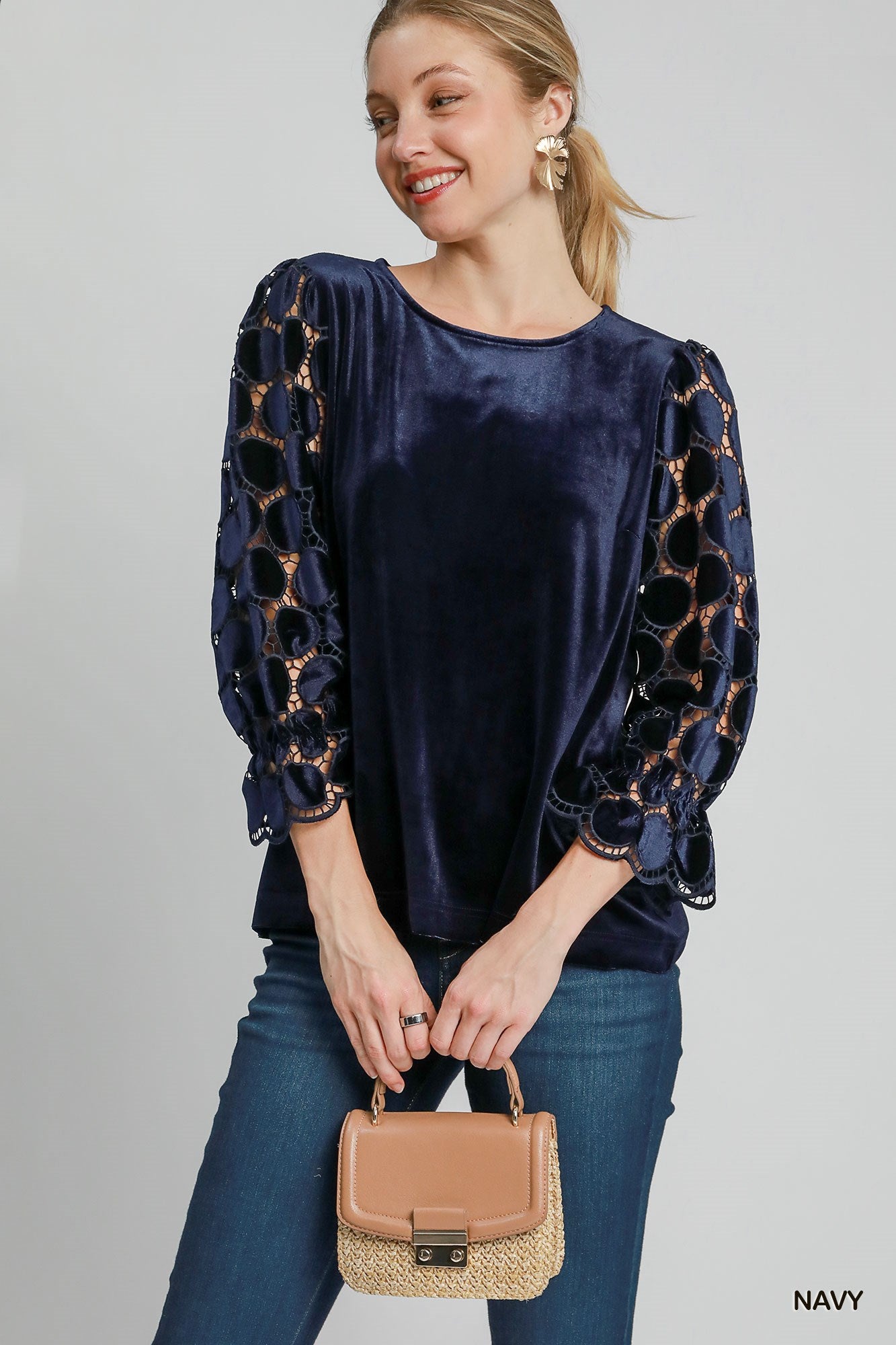3/4 Dotted Velvet Lace Sleeve Top Navy