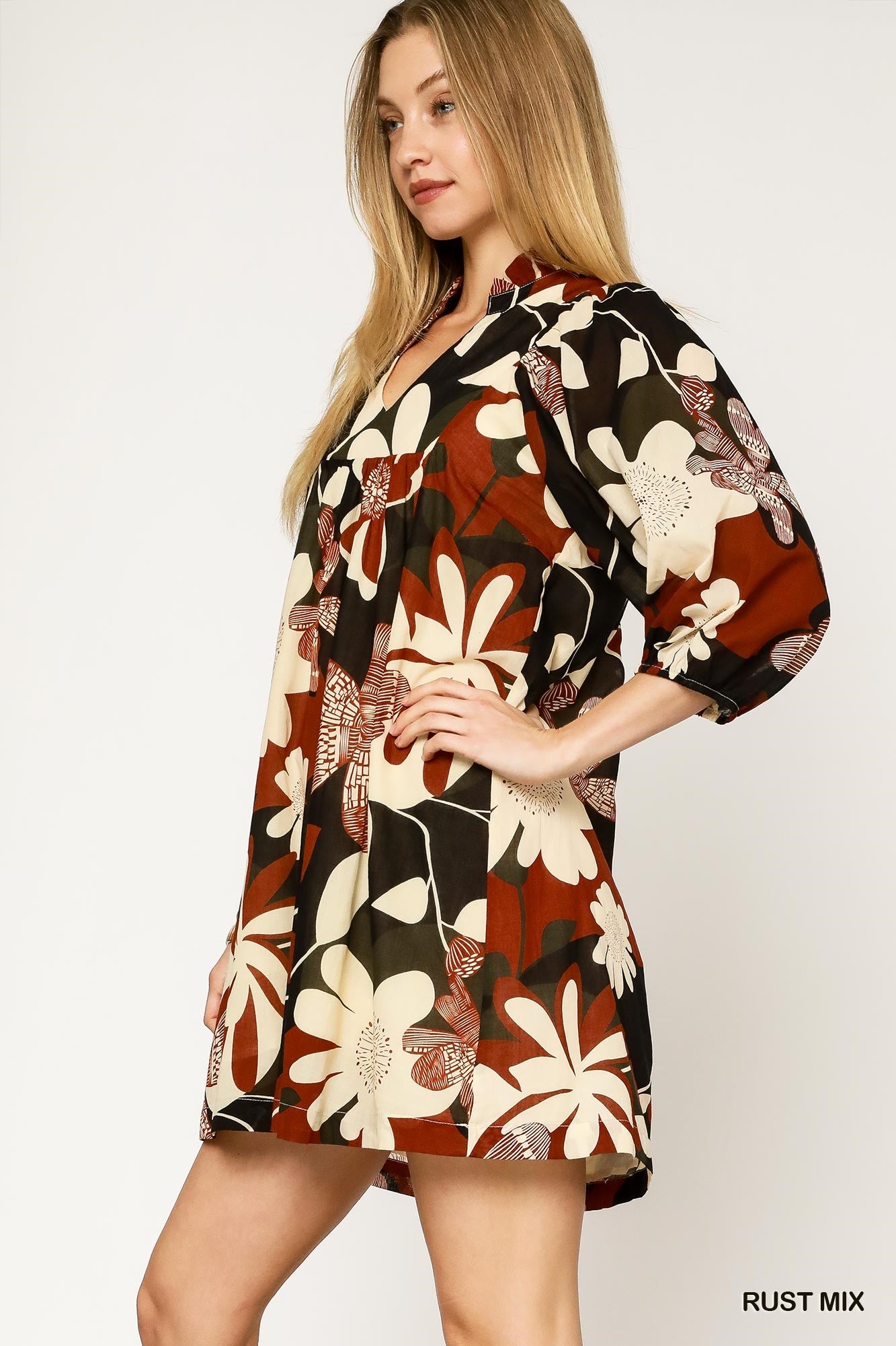 3/4 Puff Sleeve Floral Print Dress