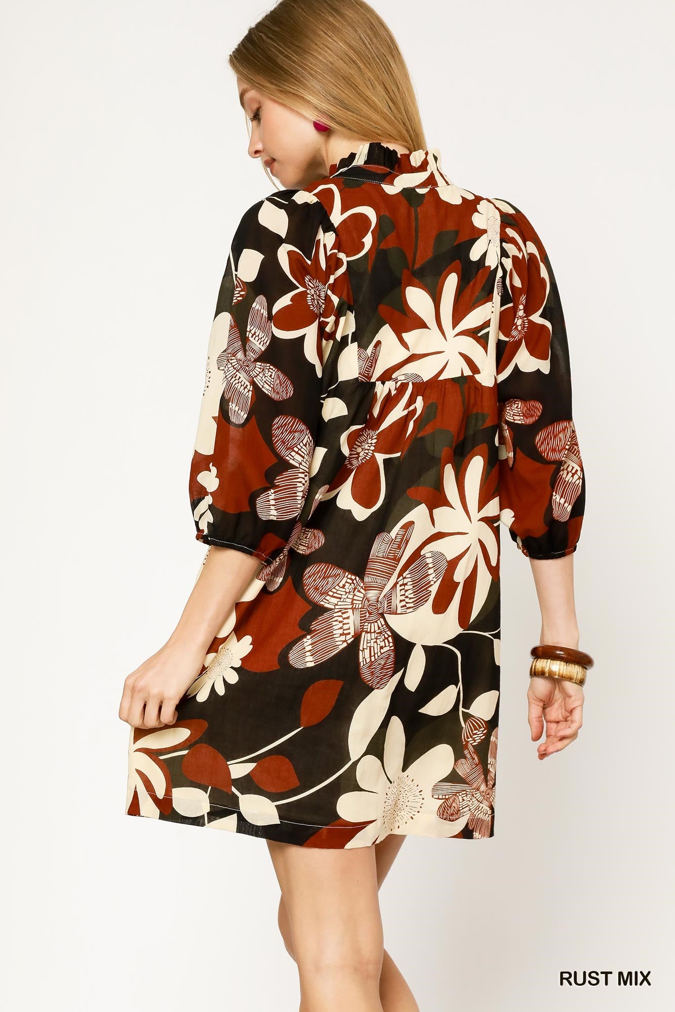 3/4 Puff Sleeve Floral Print Dress