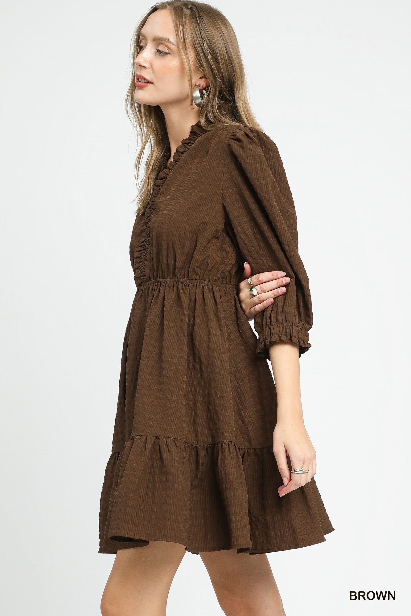 Ruffle Trim Textured 3/4 Sleeve Dress