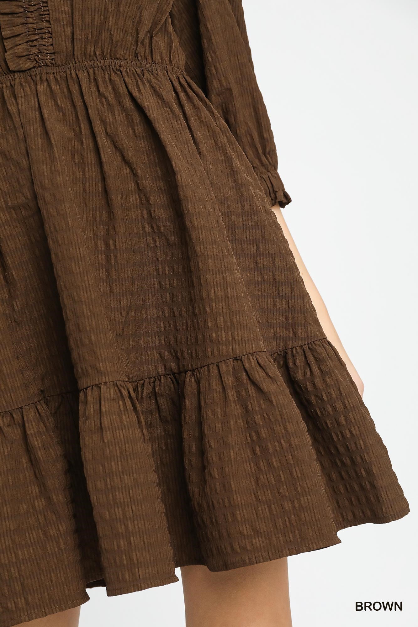 Ruffle Trim Textured 3/4 Sleeve Dress