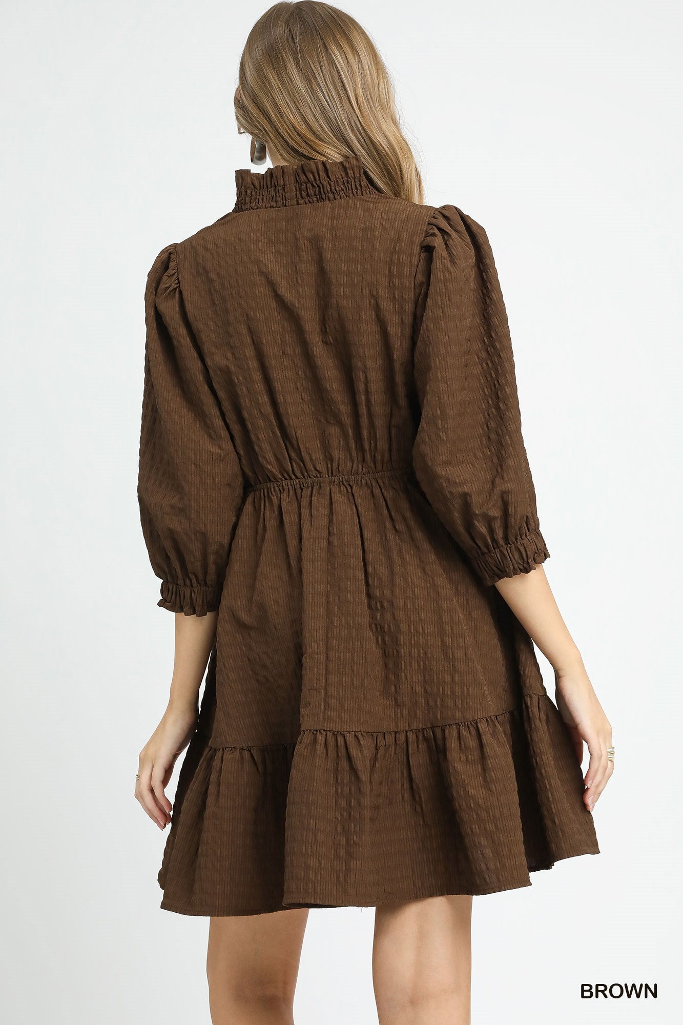 Ruffle Trim Textured 3/4 Sleeve Dress