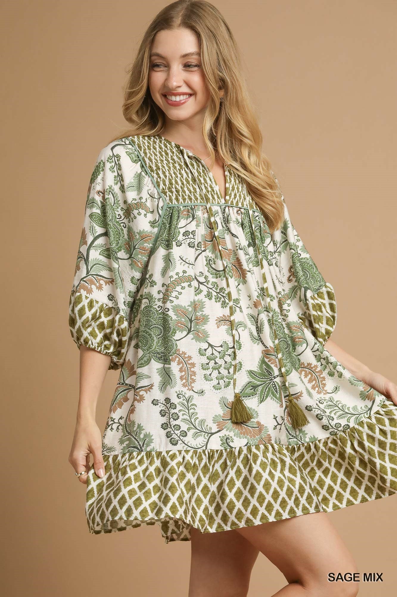 Mixed Print 3/4 Sleeve Dress
