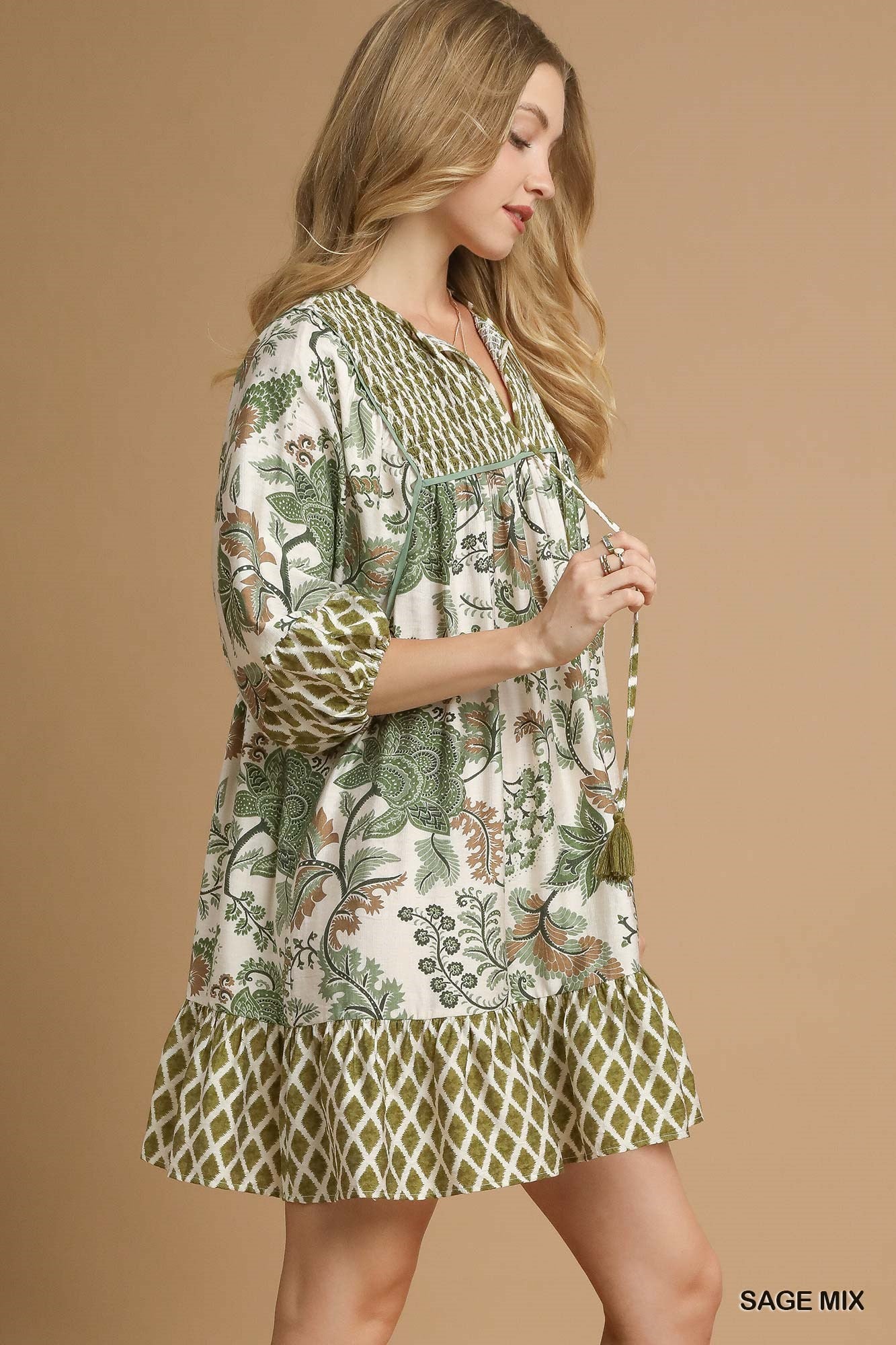 Mixed Print 3/4 Sleeve Dress