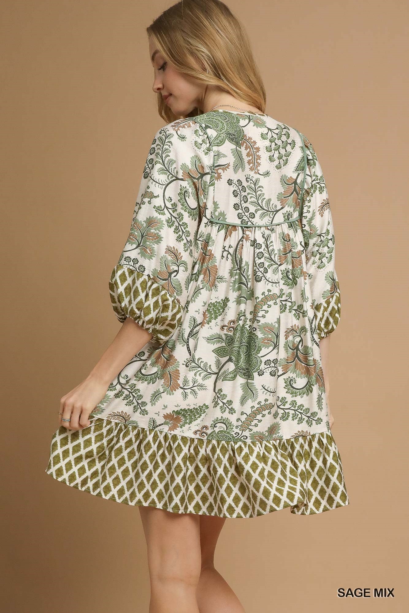 Mixed Print 3/4 Sleeve Dress