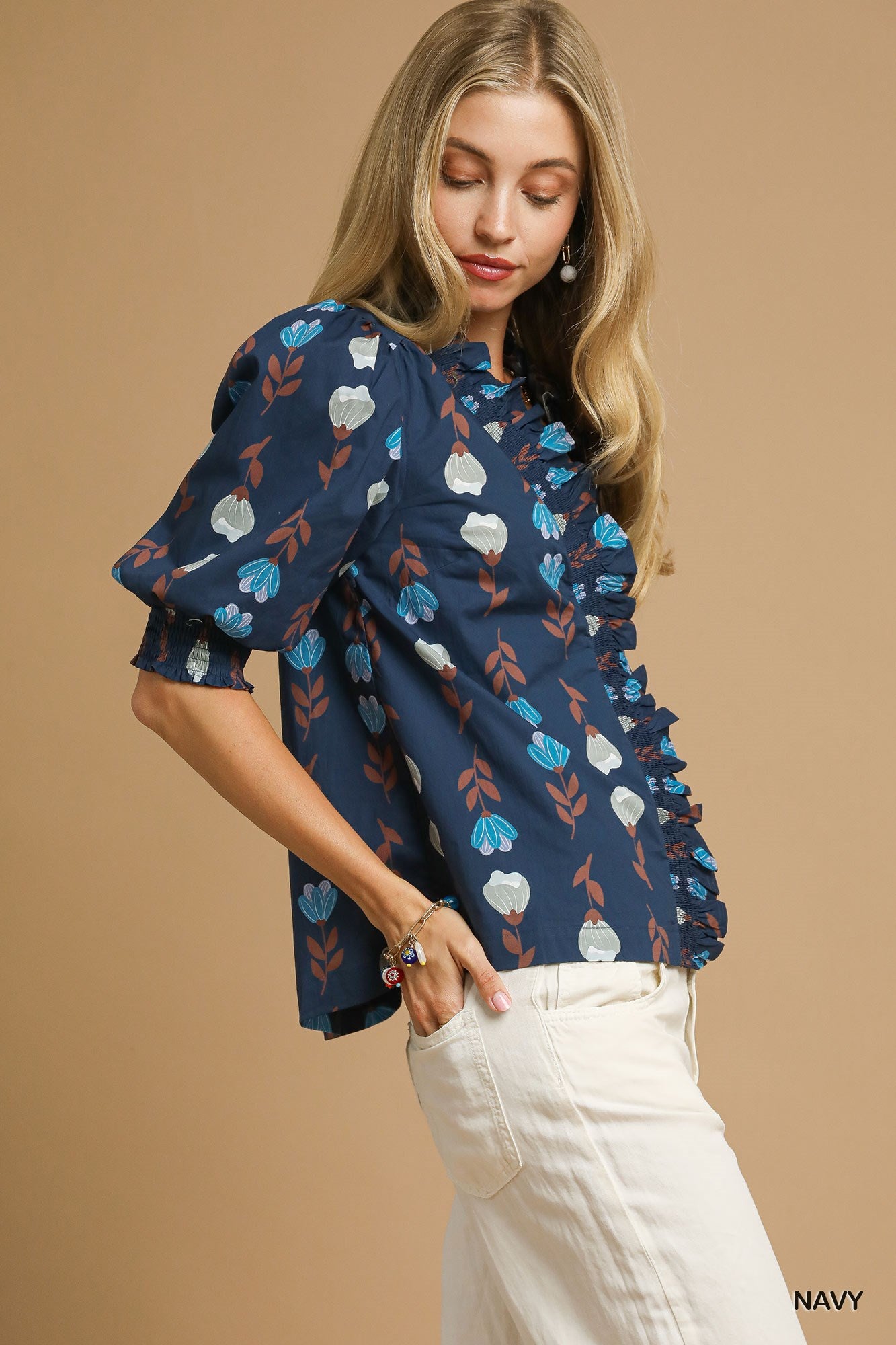 Floral Print Top w/Puff Sleeves and Smocked Cuff