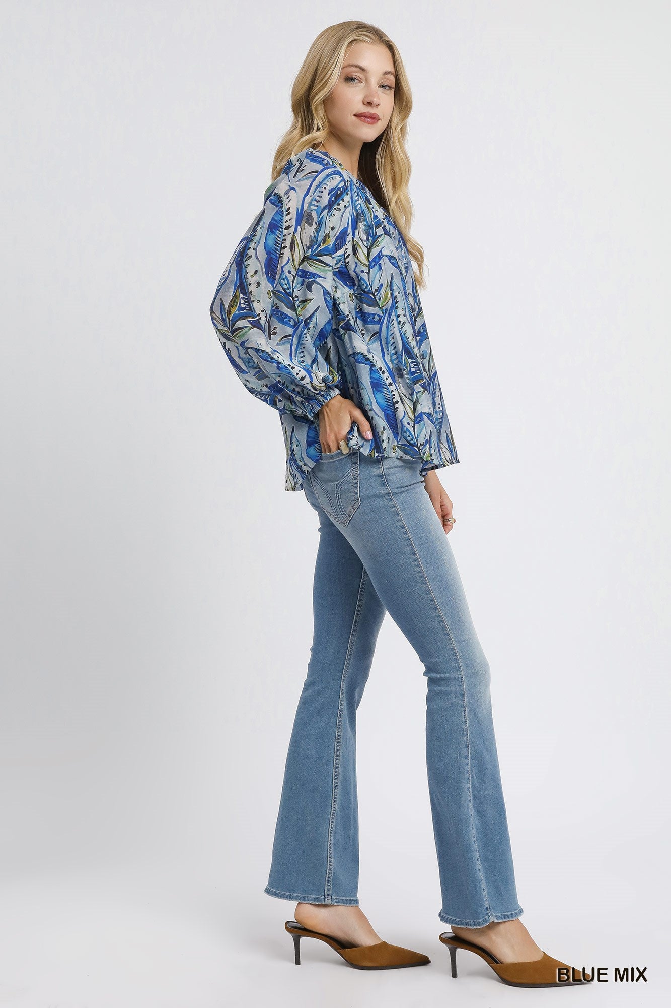 Mix Leaf Print Peasant Blouse