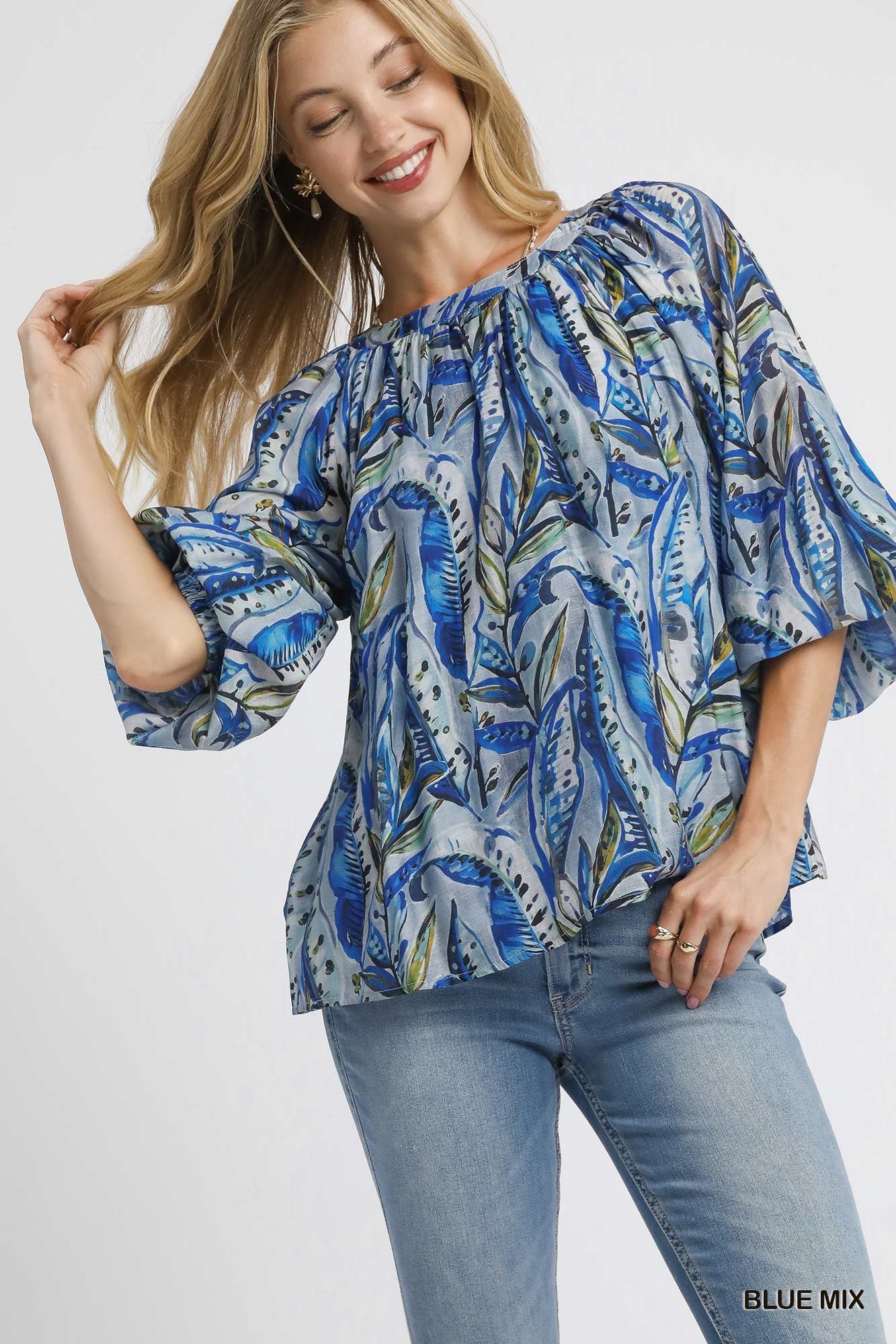 Mix Leaf Print Peasant Blouse