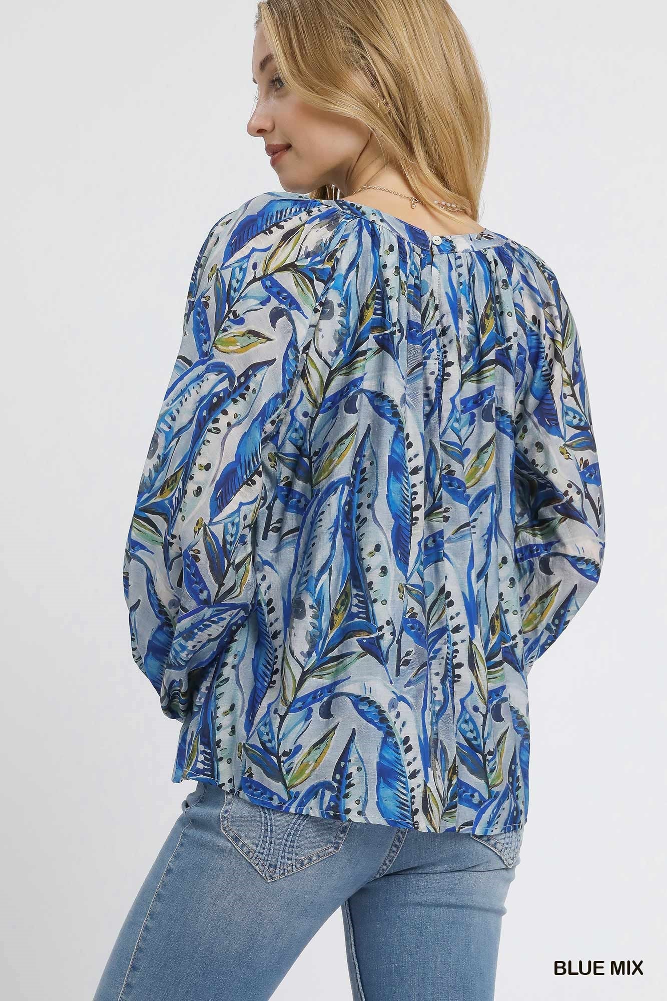 Mix Leaf Print Peasant Blouse