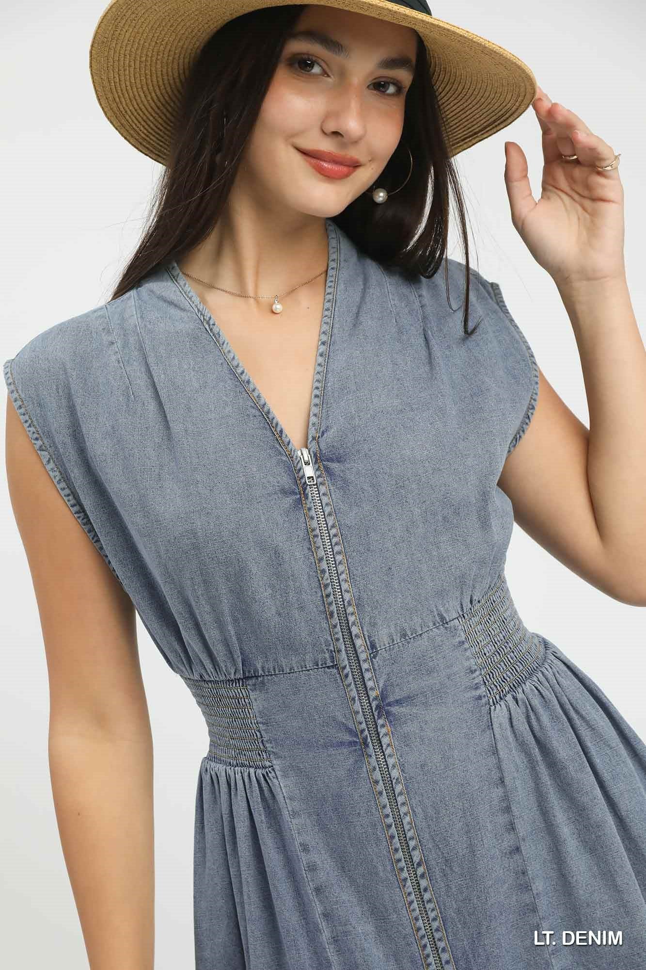 Stone Wash Sleeveless Denim Dress w/Zipper