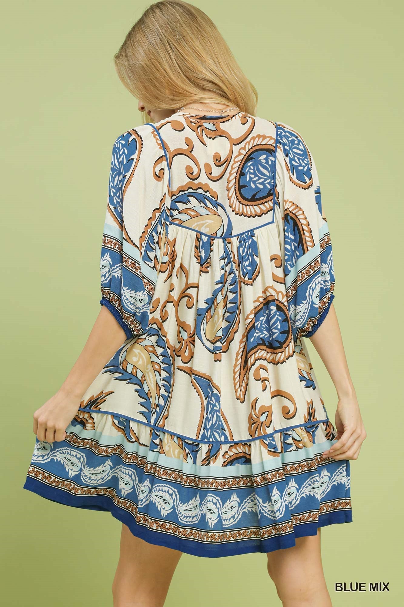 Boho Paisley Tassel Tiered Dress Blue Mix