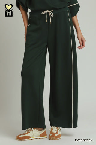 Contrast Piping Wide Leg Pants Evergreen