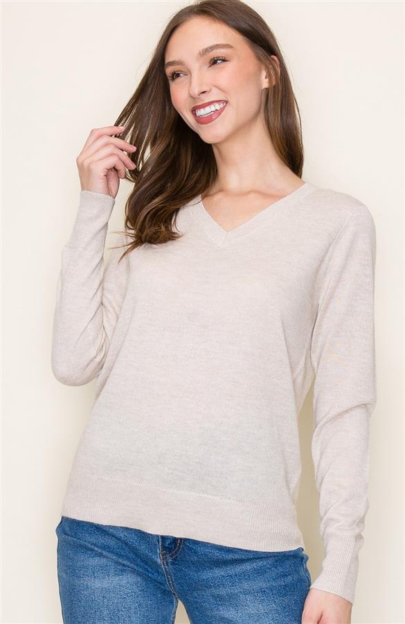 Sale V-Neck Long Sleeve Cashmere-Like Sweater Oatmeal