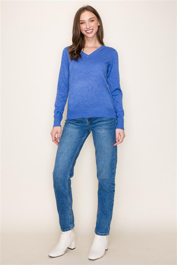 V-Neck Long Sleeve Cashmere-Like Sweater Royal Blue