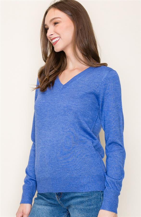 V-Neck Long Sleeve Cashmere-Like Sweater Royal Blue