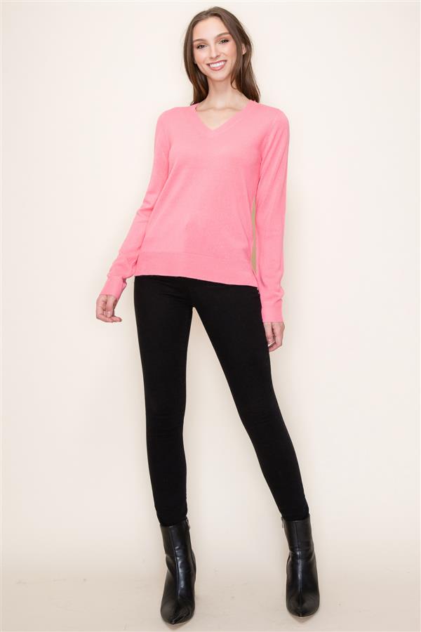 V-Neck Long Sleeve Pullover Sweater Coral