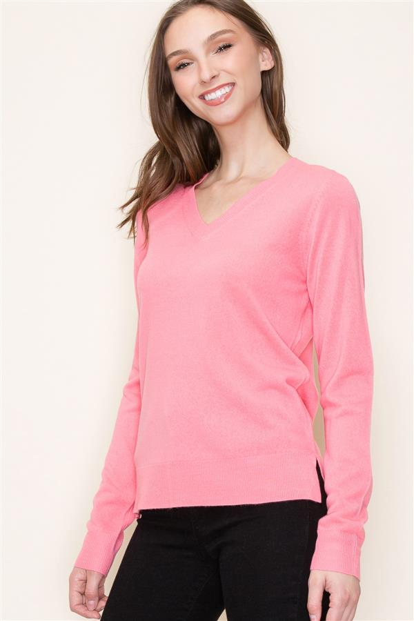 V-Neck Long Sleeve Pullover Sweater Coral