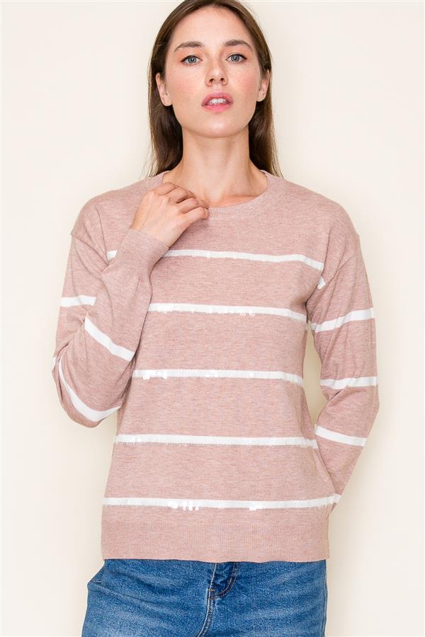 Sequin Striped Crew Neck Sweater Mauve
