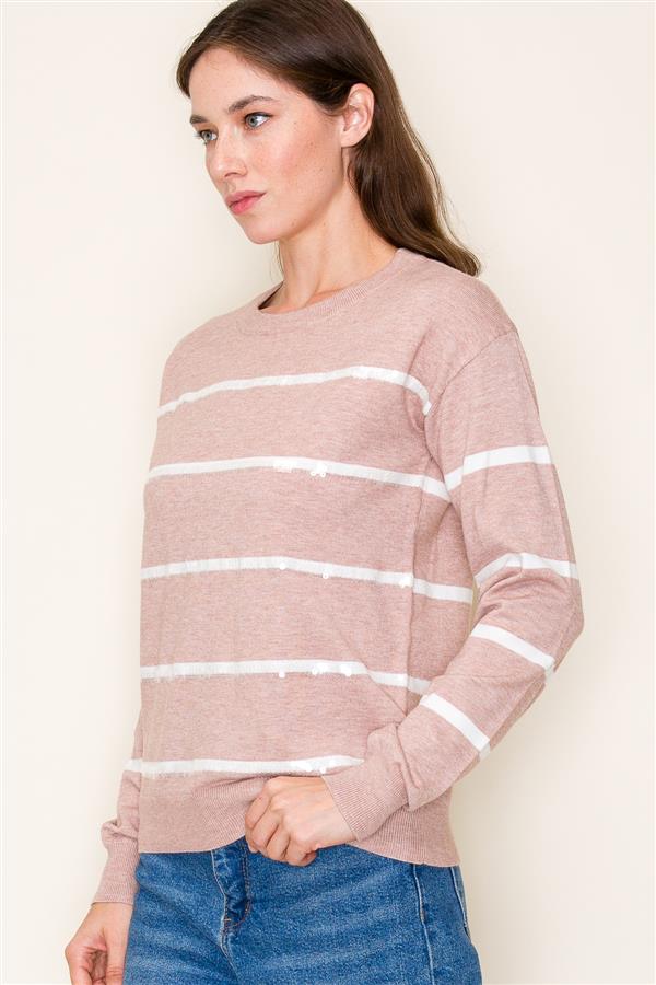 Sequin Striped Crew Neck Sweater Mauve
