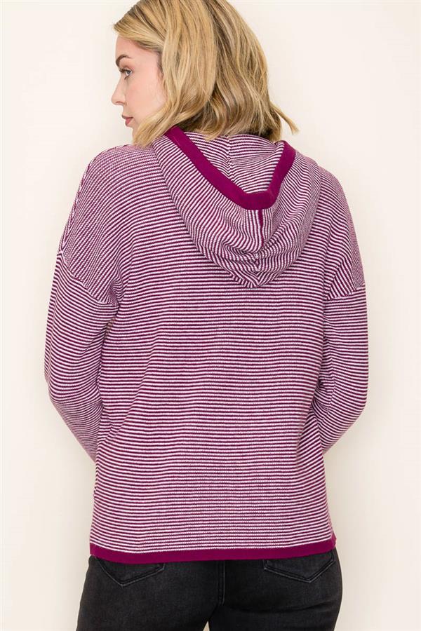 Pullover Waffle Texture Striped Hoodie Sweater Dark Magenta