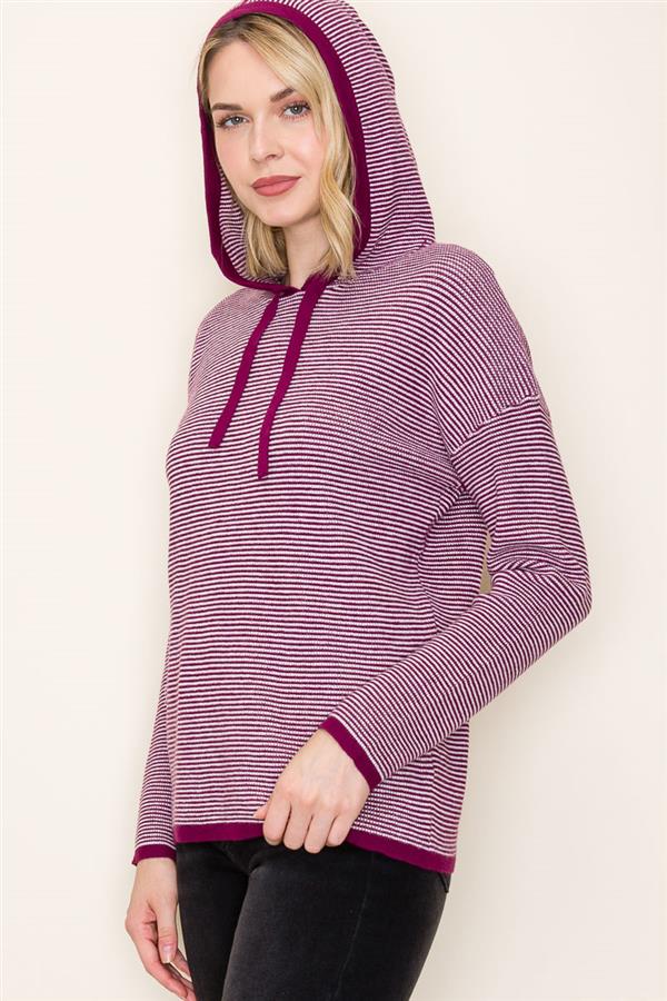Pullover Waffle Texture Striped Hoodie Sweater Dark Magenta