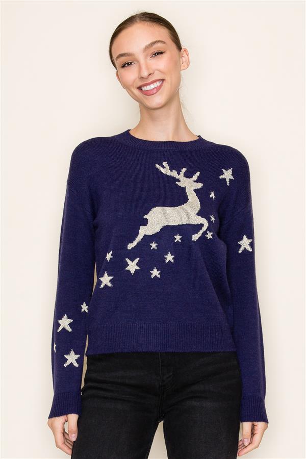 Sale Reindeer in Lurex Yarn Crew Neck Long Sleeve Sweater