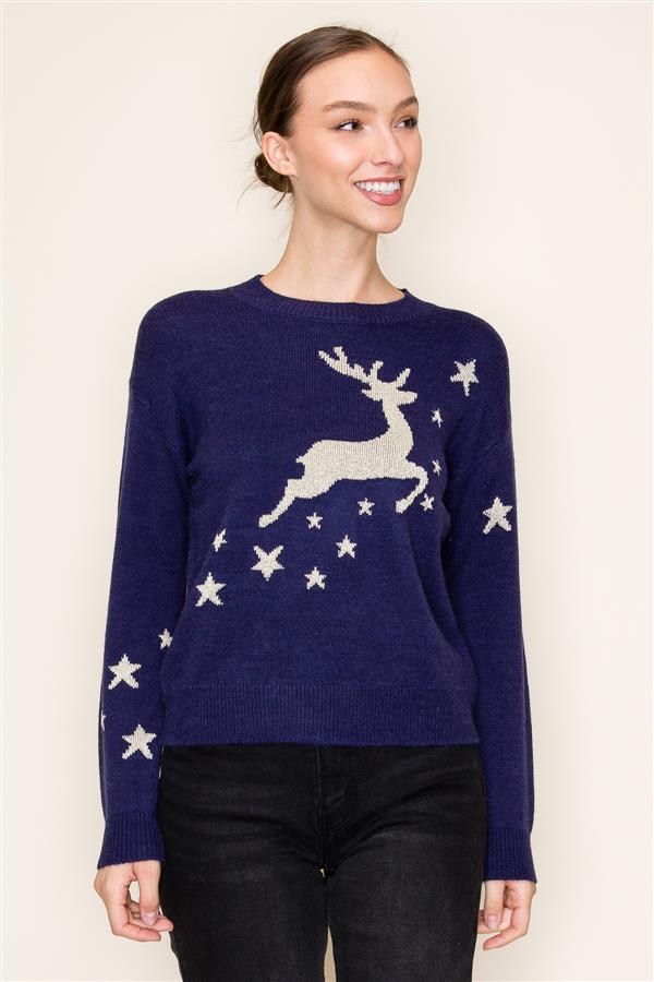 Sale Reindeer in Lurex Yarn Crew Neck Long Sleeve Sweater
