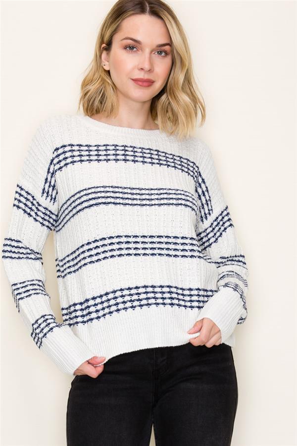 Sale Crew Neck Long Sleeve Textured Striped Sweater