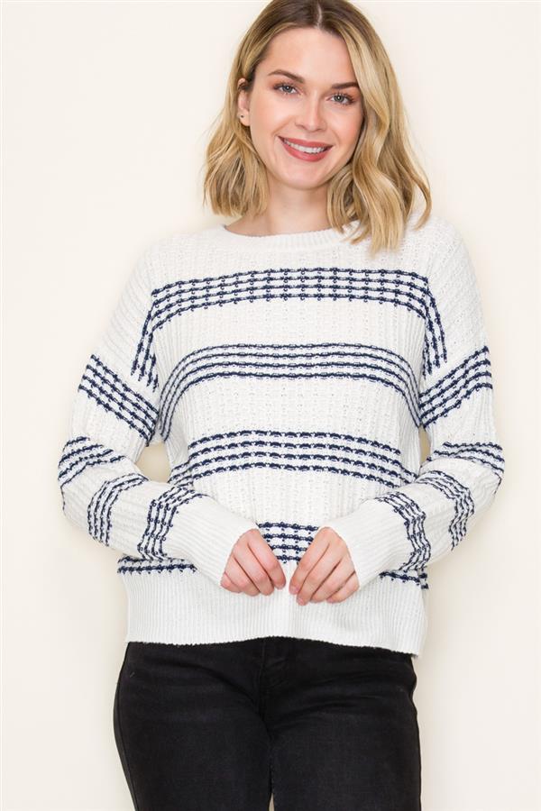 Sale Crew Neck Long Sleeve Textured Striped Sweater