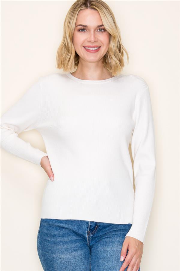 Sale Ribbed Long Sleeve Crew Neck Sweater Ivory